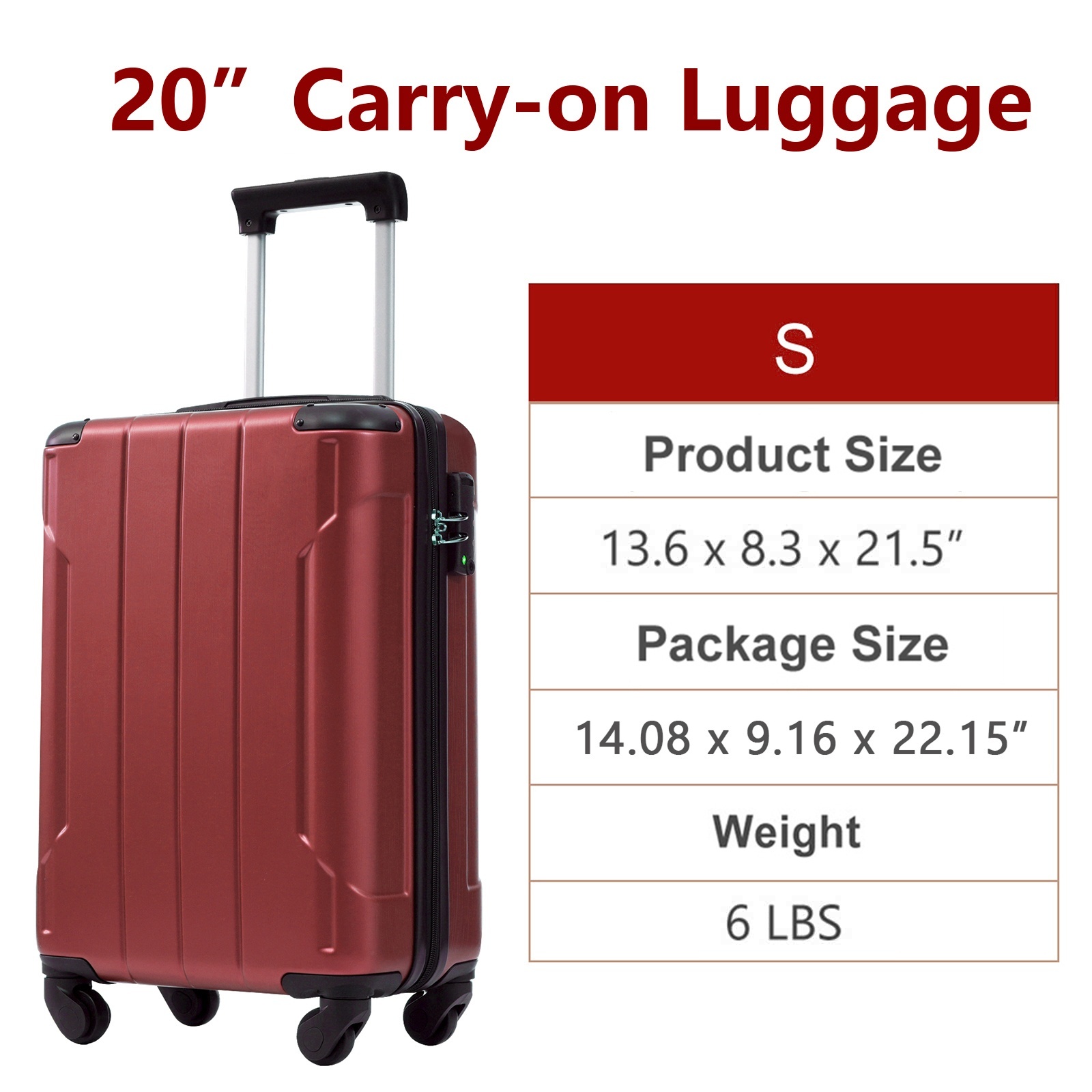 EUROCO 20" Hardshell Carry-On Luggage, ABS Lightweight Durable Suitcase with TSA Lock and Double Spinner Wheels for Travel,Red