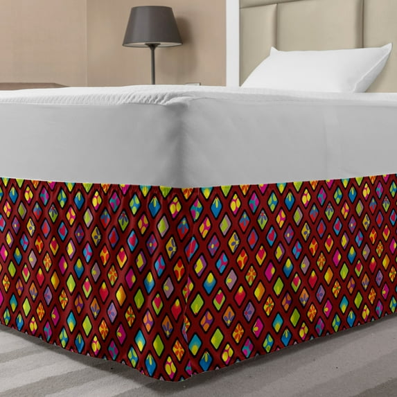 Geometric Bed Skirt, Colorful Rhombuses with Heart Flower and Polka Dots Pattern Abstract Illustration, Elastic Bedskirt Dust Ruffle Wrap Around for Bedding Decor, 4 Sizes, Multicolor, by Ambesonne