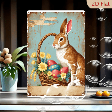 1pc Metal Wall Art 8×12 Inches Vintage Brown White Rabbit Easter Basket with Colorful Eggs and Daisies Retro Distressed Blue Background Nostalgic Spring Holiday Decor for