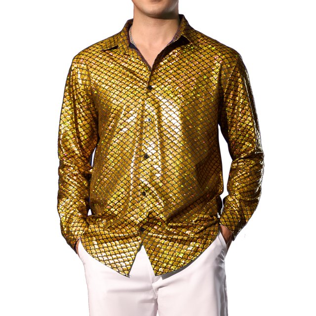 Camisa metálica de manga larga para hombres INSPIRE CHIC para fiestas disco con estampado brillante