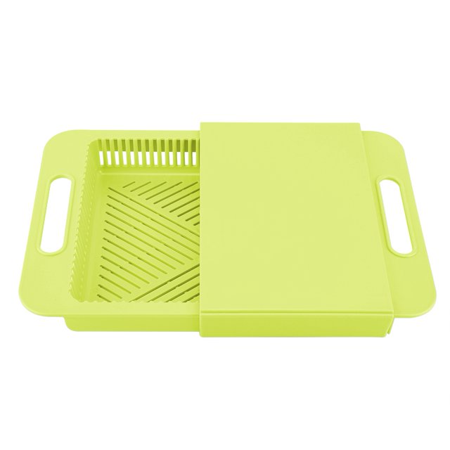 Tabla de cortar de plástico retráctil con cesta de drenaje de verduras para cocina verde oliva