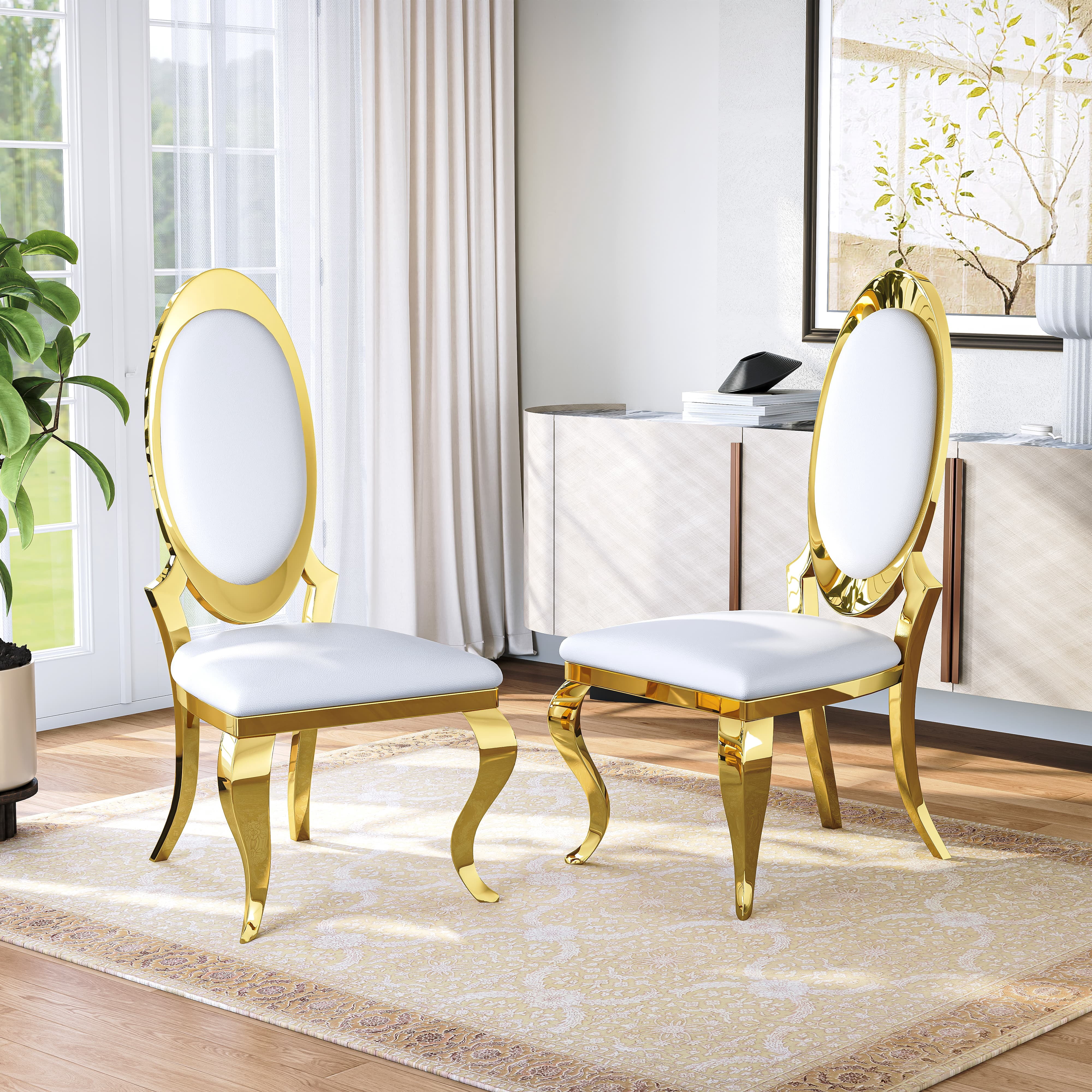 Luxury Dining Chairs Set of 2, Oval Back PU Upholstered Chairs with Stainless Steel Cabriole Legs, Dining Chairs for Kitchen, Living Room, Office