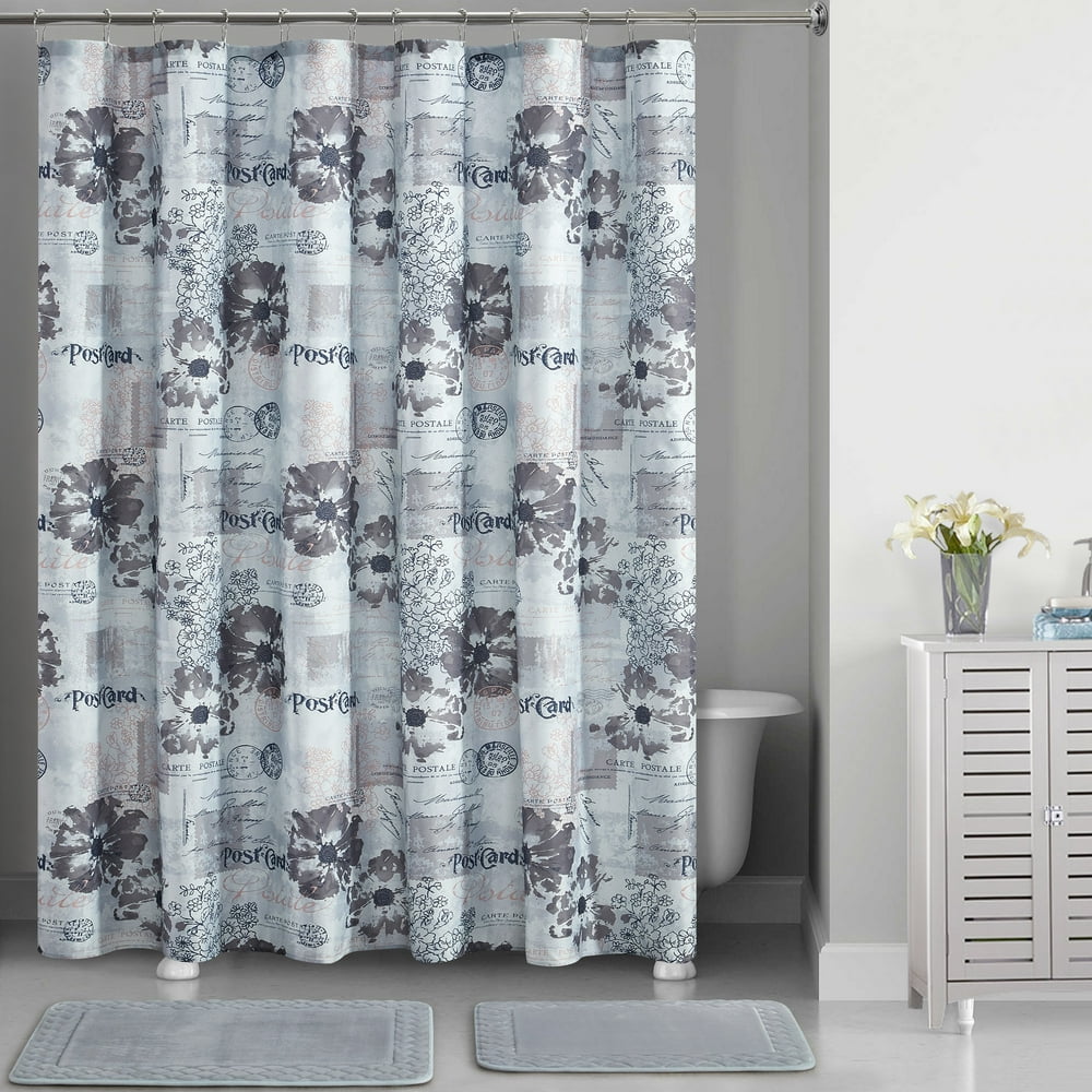 Mainstays Blue Postal Printed 15 Piece Shower Curtain Set