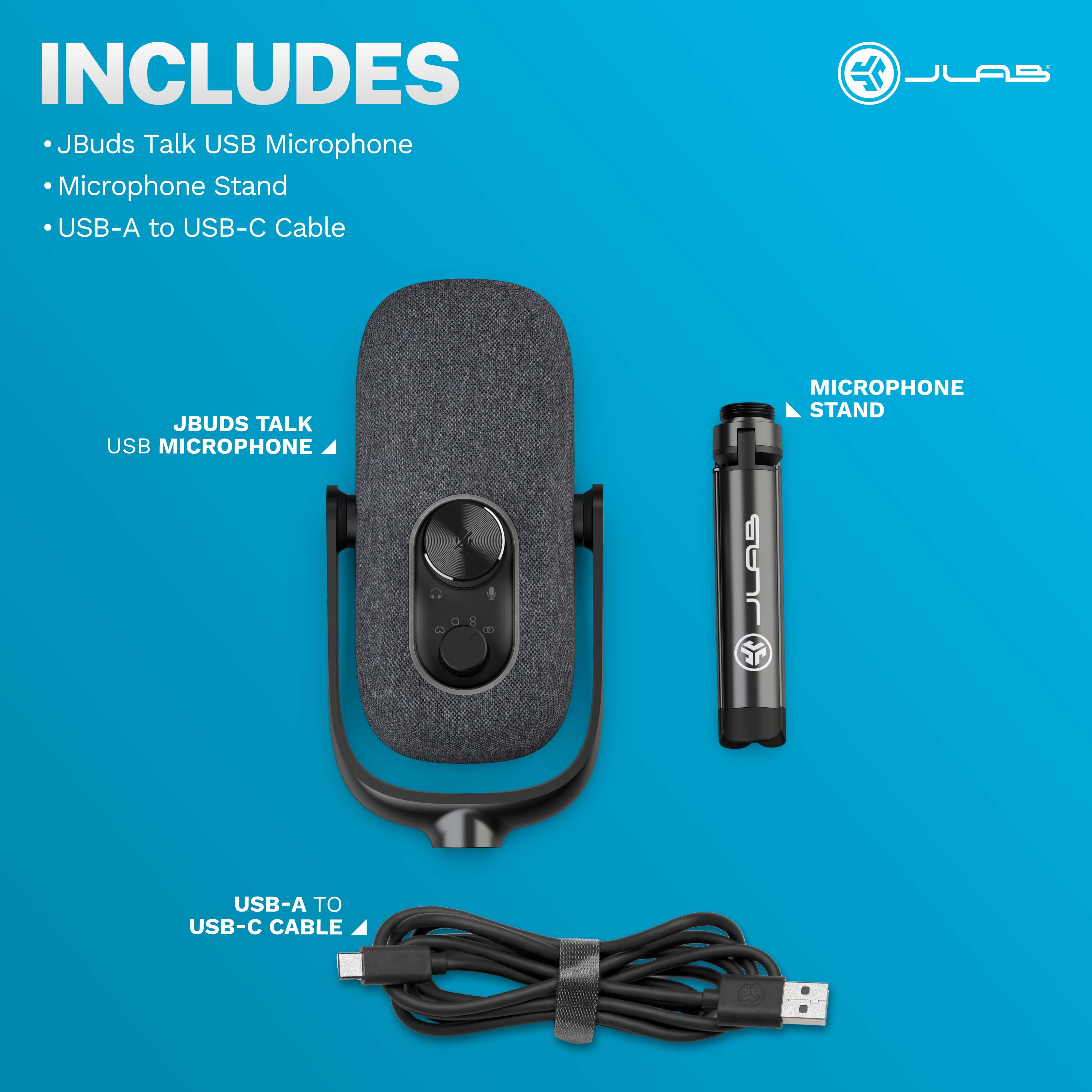 JLab JBuds Talk Gaming, Podcast & Streaming Microphone, Professional Grade Recording, 92kHz/24BIT Clarity, 4 Directional Pattern Modes, Gain Control, 4+ ft USB-C Cable, Versatile Mounting, Black