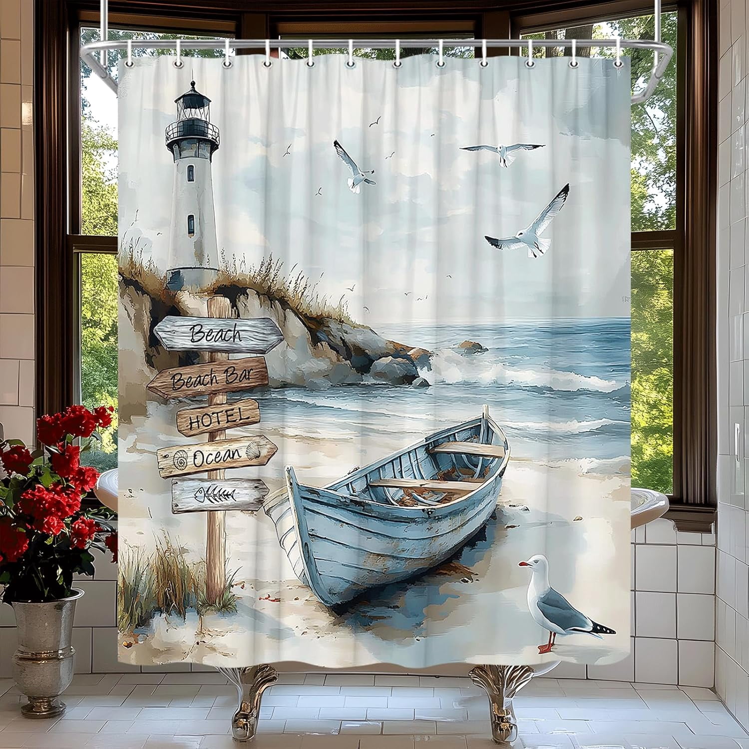 Nautical Coastal Shower Curtain Ocean Beach Lighthouse Seasides Sailboat Seagull Wild Grass Sea Waves Watercolor Seascape Bath Curtain Fabric Bathroom Accessories Decor with Hooks 72"W x 72"L