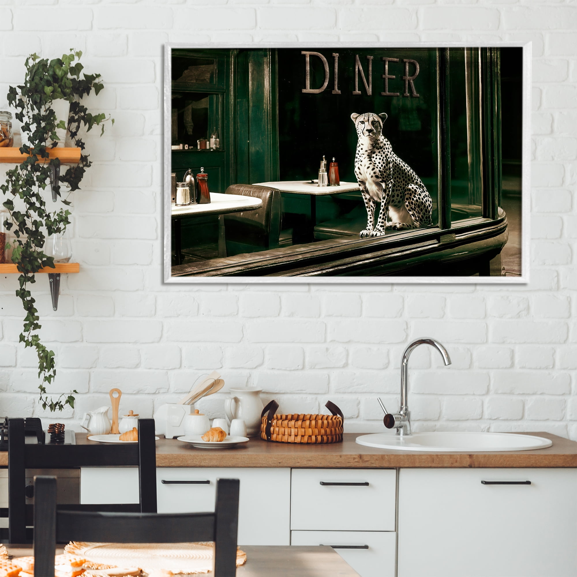 Stupell Industries Diner Sentry Leopard White Framed Giclee Art, design by Annabelle Hall