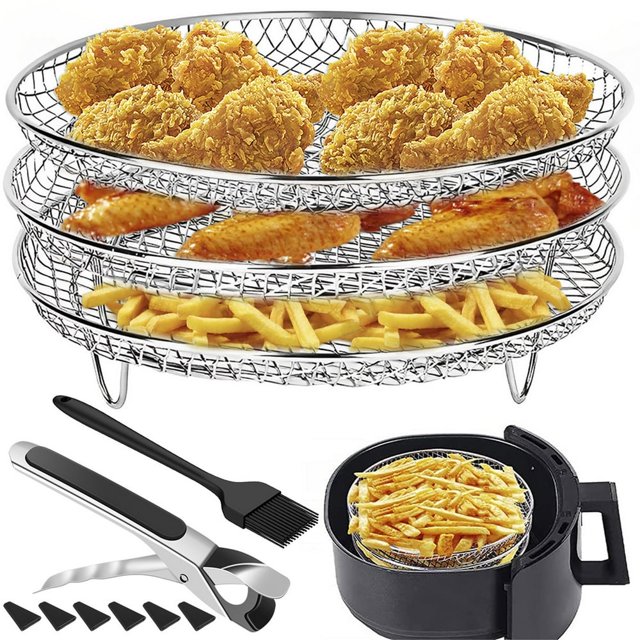 Air Fryer Dehydrator Rack Stainless Steel Dehydrator Rack Grill Steam Grill with Oil Brush and Anti-Scald Clip Stackable Air Fryer Accessories for 4.2Qt/5.3Qt/5.5Qt Air Fryer