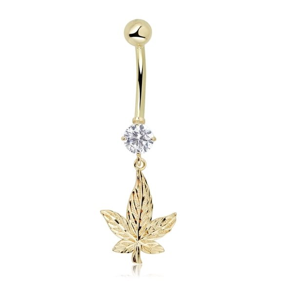 AVORA 10K Yellow Gold Diamond-Cut Cannabis Leaf with Simulated Diamond CZ Belly Button Ring Body Jewelry (14 Gauge)  - Size 0