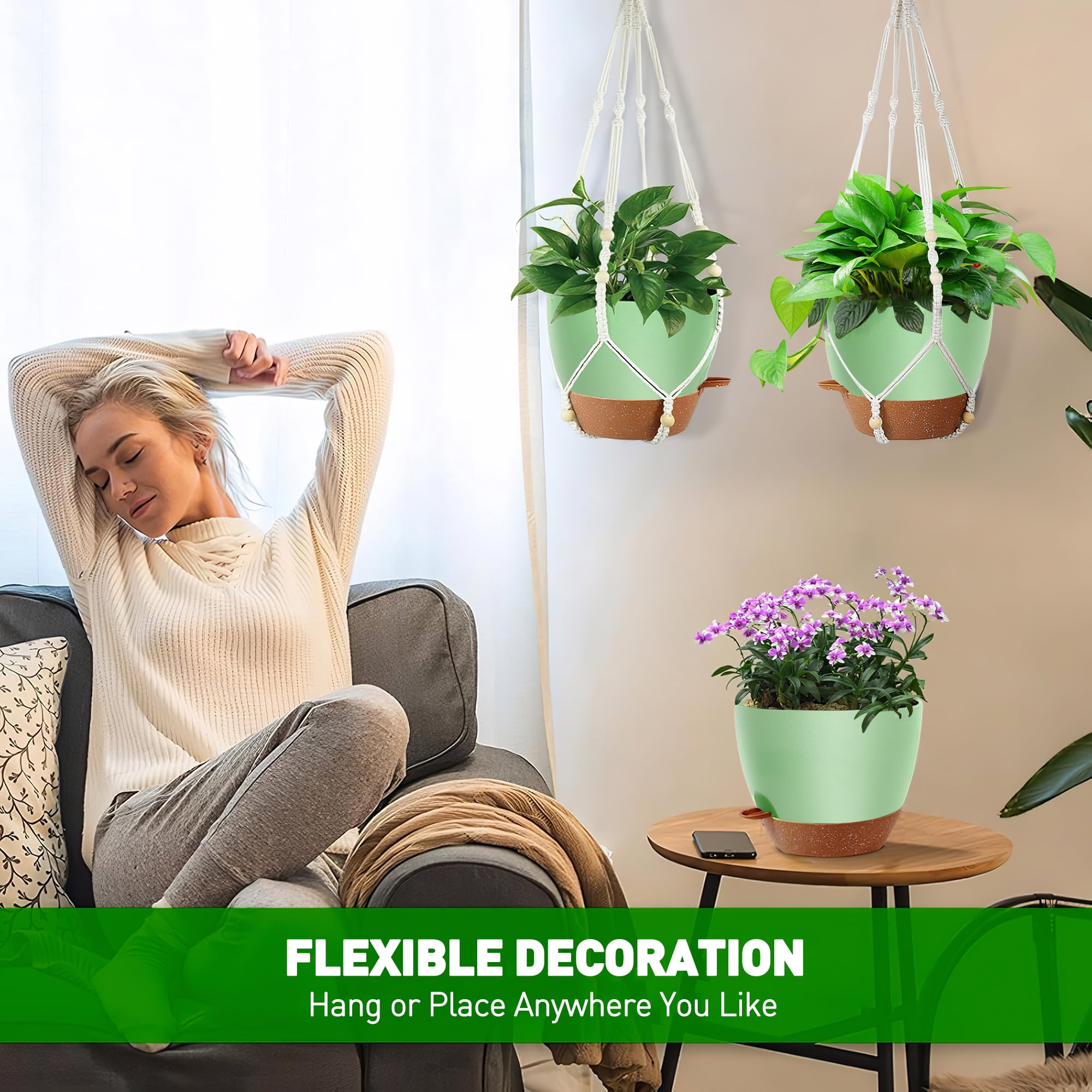 3-Pack Self Watering Hanging Plant Pots with Macrame Hangers, Plastic Planters with Drainage Holes and Saucers, Indoor Outdoor Flower Pots, Includes 3 Ceiling Hooks, 7"/6"/5.5" (Green)