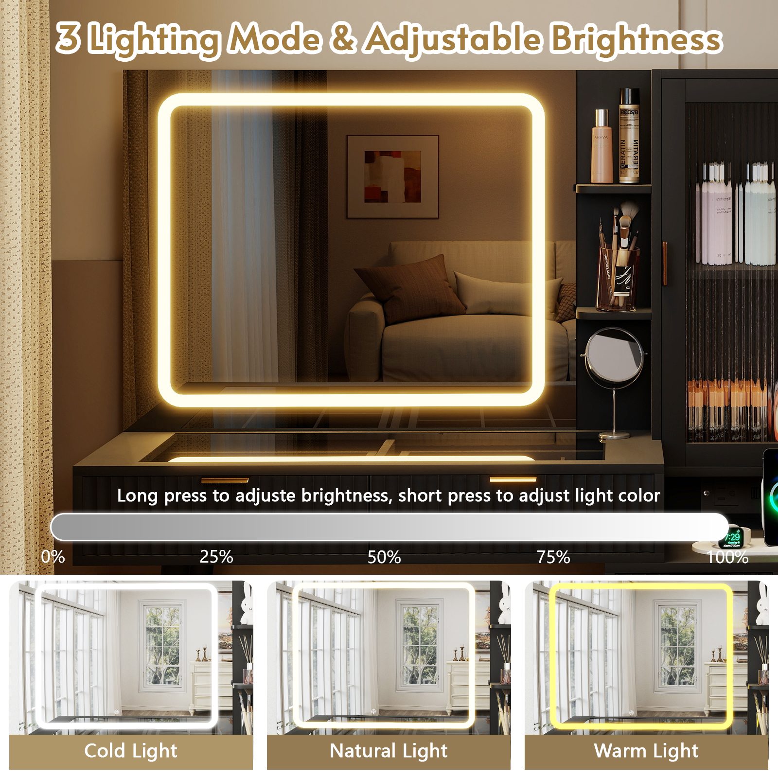 Danpinera Home 49" Glass Top Vanity Desk with LED Mirror and Charging Station, Black