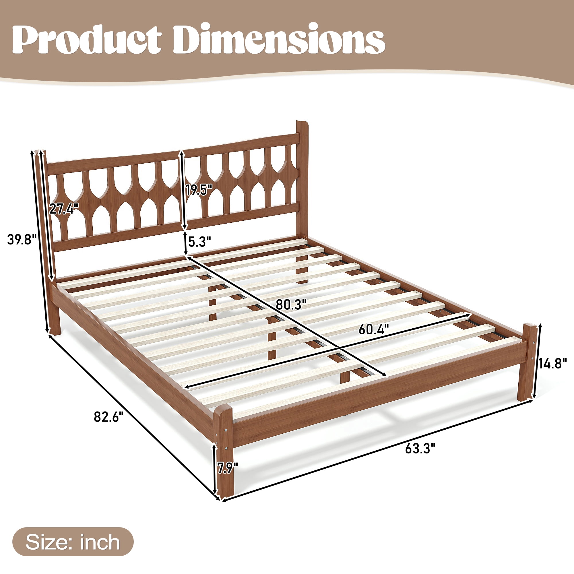 Miniyam Queen Size Bamboo Platform Bed Frame with Geometric Headboard, Brown