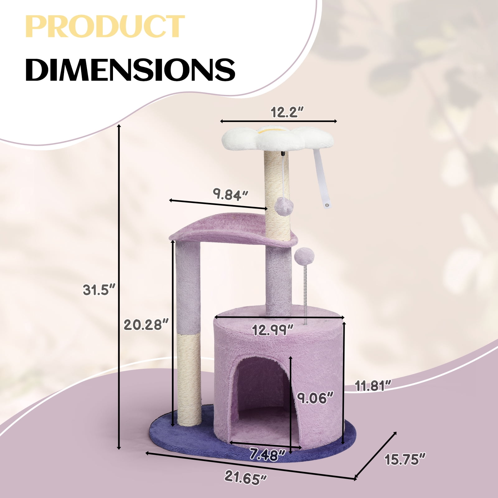 Ktaxon 33in Lavender Purple Cat Tree, Multi-Level Tower with Scratching Post, Curved Perch & Padded Bed, for Kittens & Indoor Cats