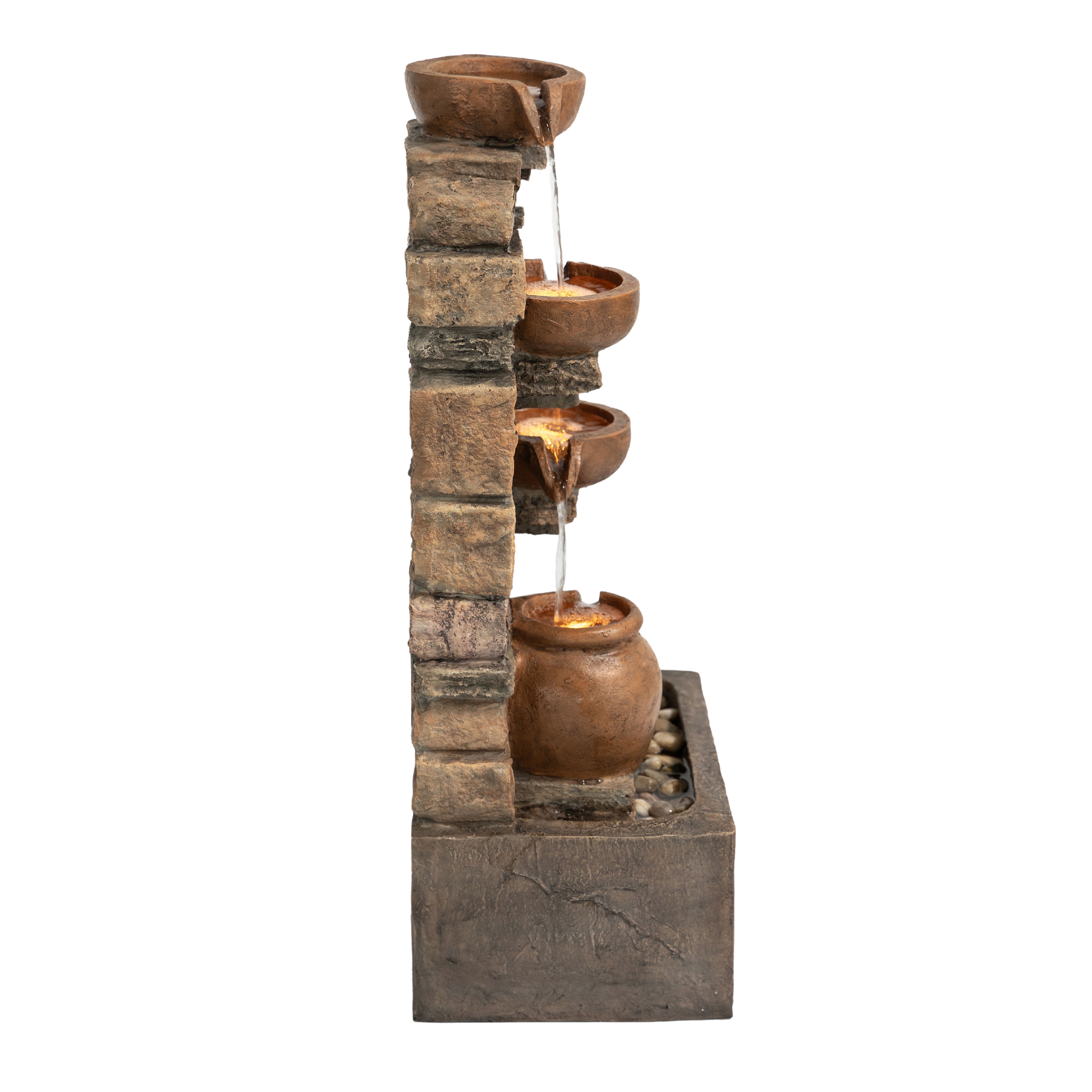 Teamson Home 28.5" Outdoor 4-Tier Stacked Stone Cascading Water Fountain with LED Lights, Brown