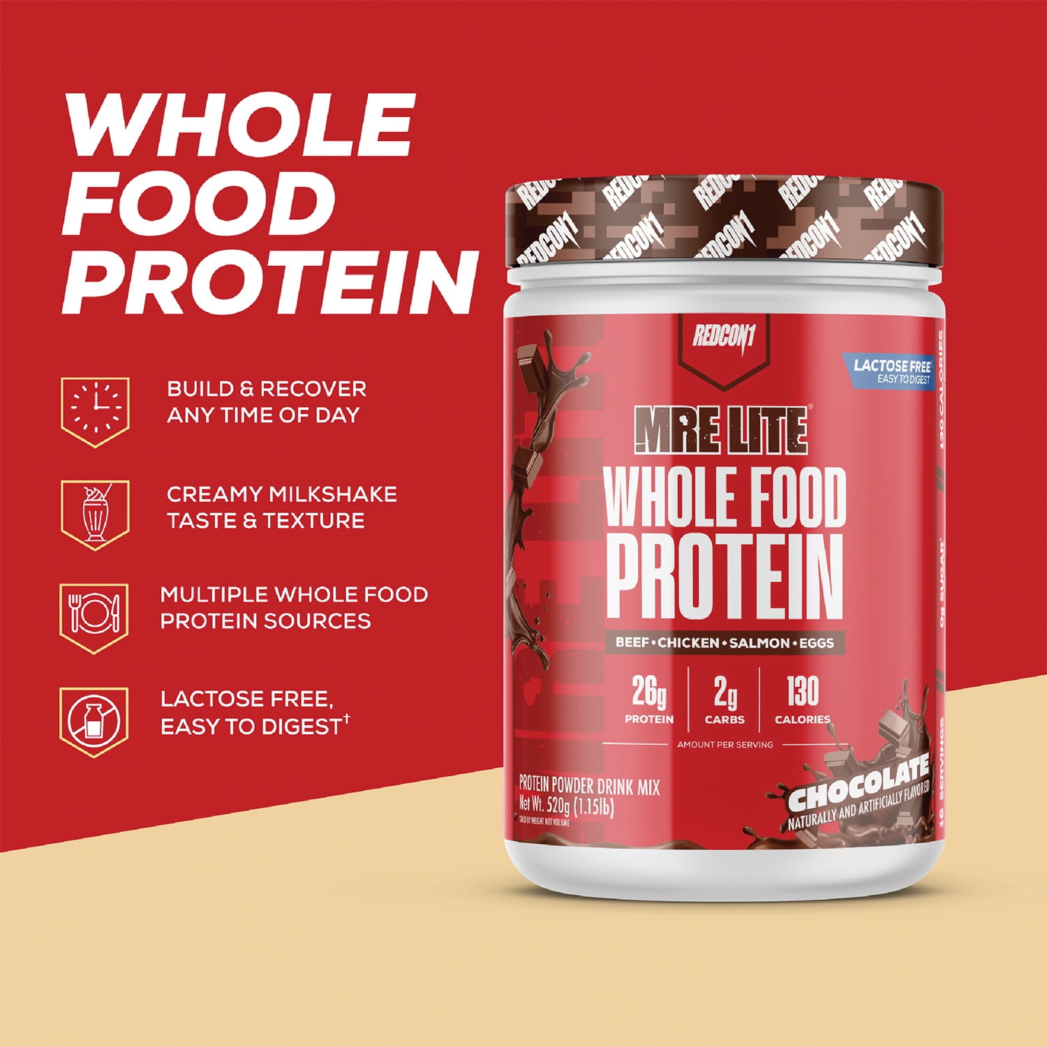 REDCON1 MRE LITE Whole Food Protein Powder, Chocolate, Whey & Lactose Free Meal Replacement, Easy to Digest, 16 Servings