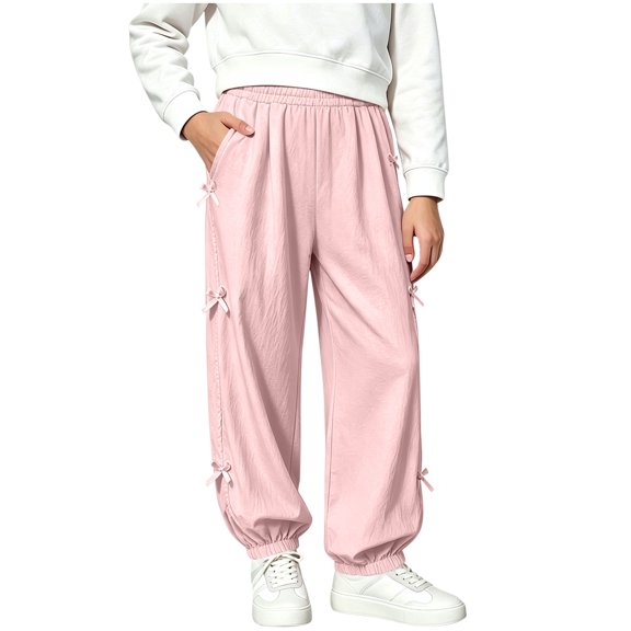 Lyrcatrment Girls Joggers Cute Fashion Bow Side Pull On Pants Elastic Waistband Loose Fitted Solid Lightweight Casual Daily Jogger Pant