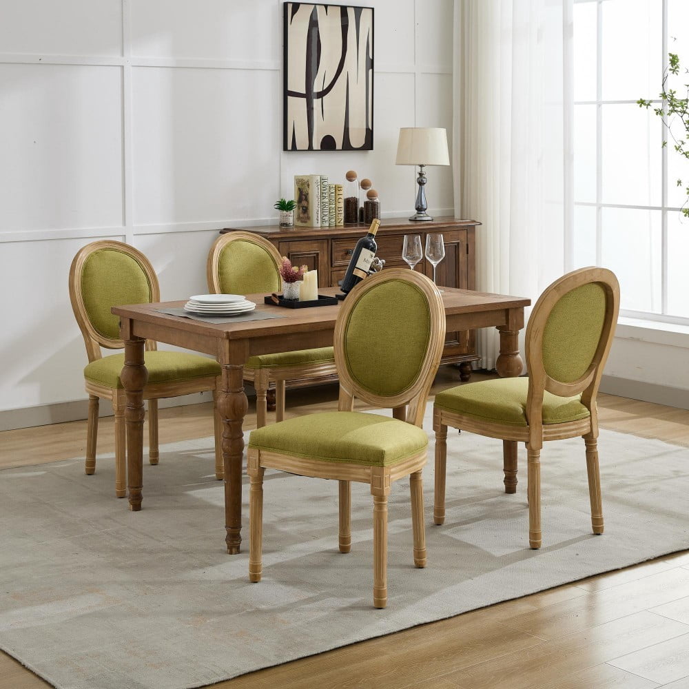 French Style Dining Chairs Set of 2, Solid Wood Upholstered Dining Room Chairs with Linen Fabric, Cushioned Backrest, Antique Finish, Olive Green