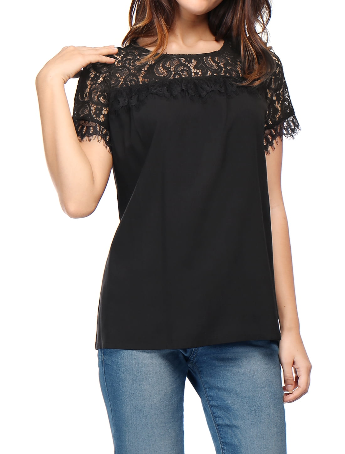 Unique Bargains Women Lace Panel Upper Semi Sheer Yoke Short Sleeves