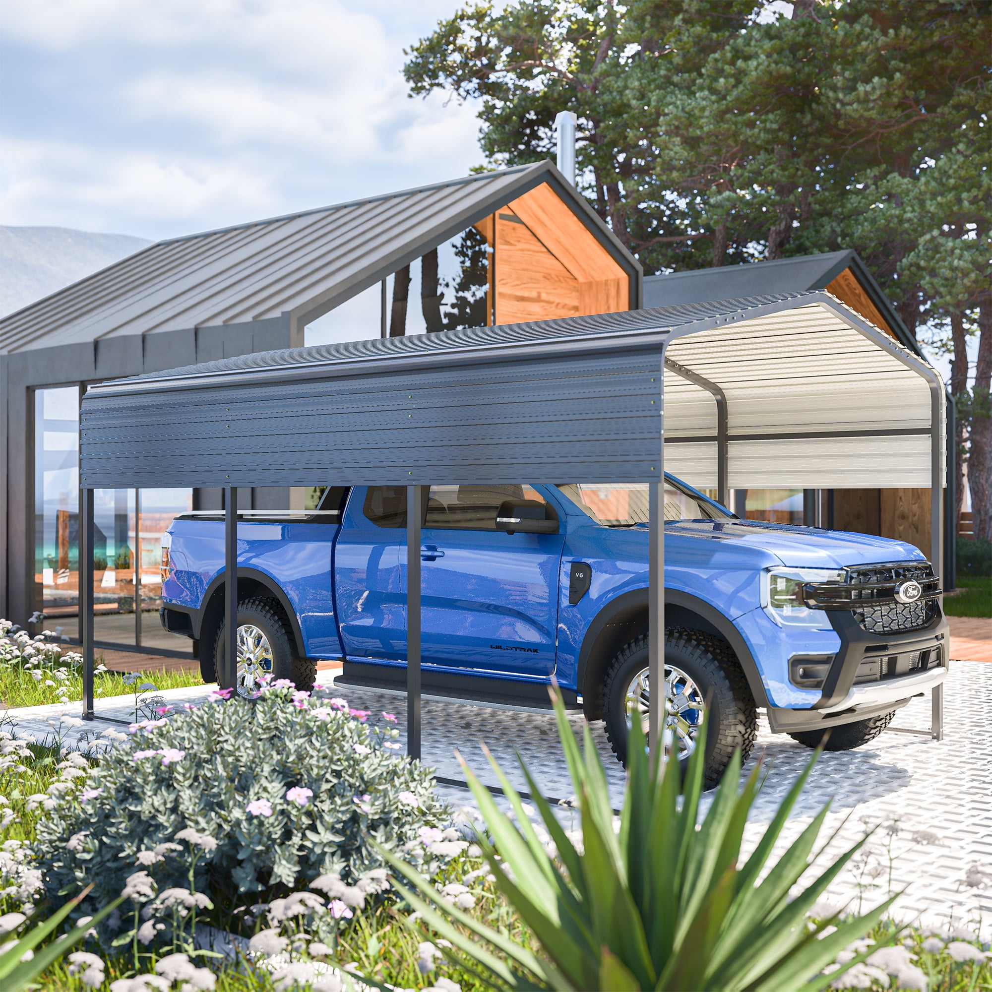 LZBEITEM 10x15 FT Metal Carport Kits, Heavy Duty Canopy with Galvanized Steel Roof, Outdoor Car Tent Garage Shelter Shade for Cars, Boats, and Tractors