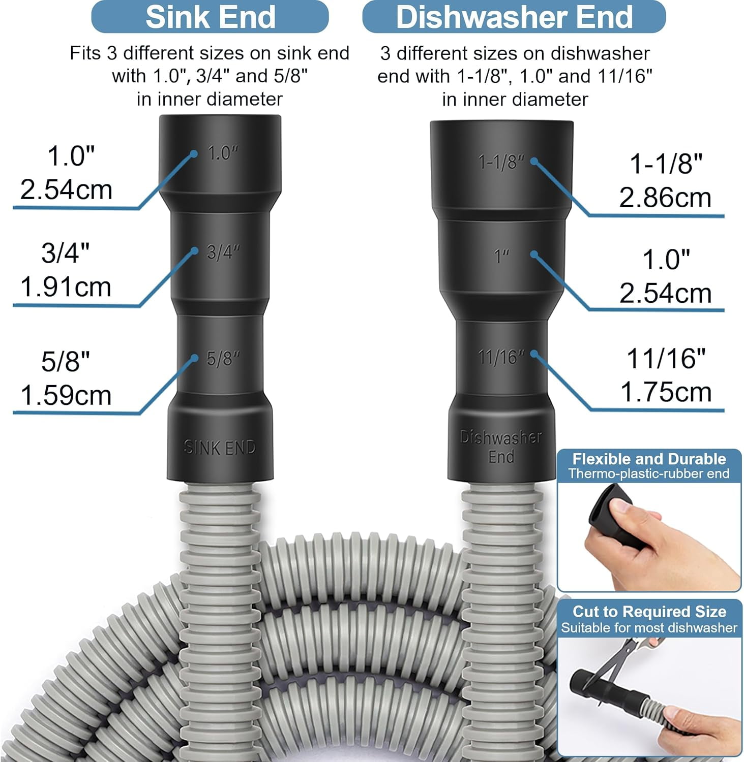 Universal Dishwasher Drain Hose, 10 Ft Dishwasher Discharge Hose Extension, Corrugated and Flexible Dishwasher Hose Drain Replacement with 2 Clamps, Fits 11/16",1" and 1-1/8"