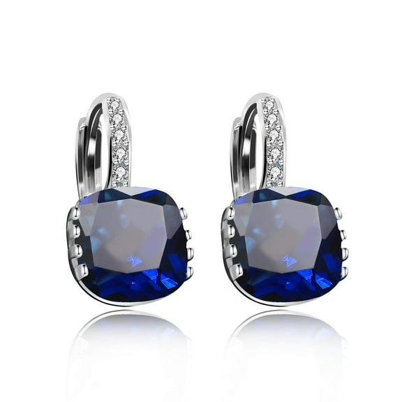 Uloveido Cushion Cut Dark Blue Cubic Zirconia Pendant Lever Back Dangle Earrings White Gold Plated for Women DML115