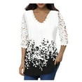 thumbnail image 2 of UTTOASFAY Womans Shirts Women'S Lace 3/4 Sleeve V Neck T Shirt Ladies Floral Blouse Tunic Tops Plus Size White XXXXXL, 2 of 5