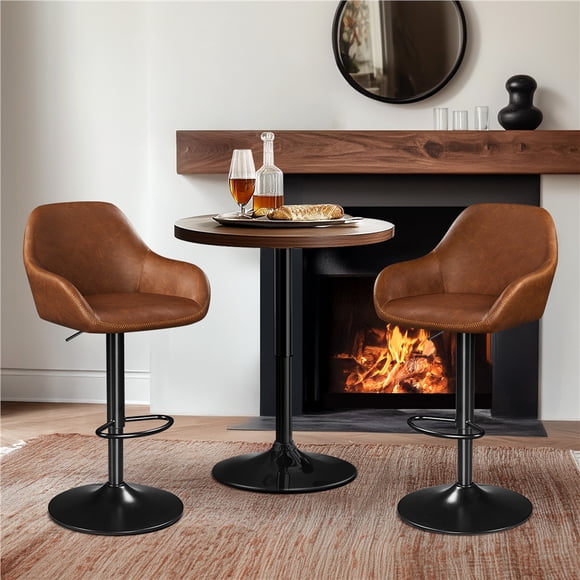 Yaheetech Ensemble de 2 Tabourets de Bar Pivotants Vintage avec Dossier, Accoudoirs et Repose-Pieds, Brun