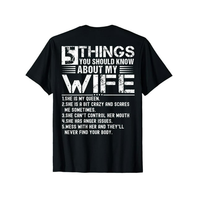 Camiseta de algodón de manga corta "5 cosas que debes saber sobre mi esposa" (en la espalda) para hombre y mujer.