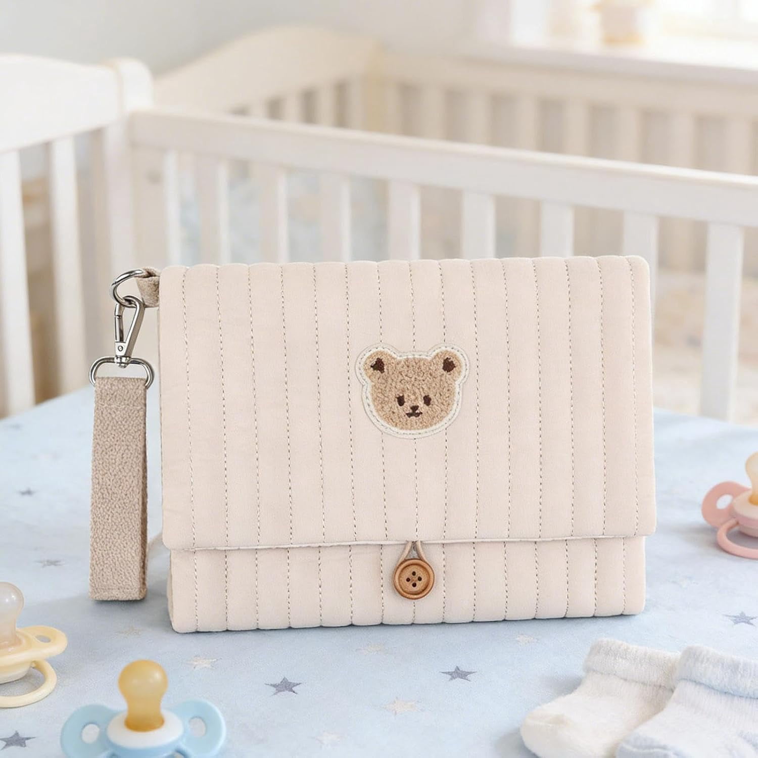 Diaper and Wipes Pouch | Cute Bear Embroidery Foldable Pouch | with Stroller Strap Compartment Diaper Bag Organizers | for