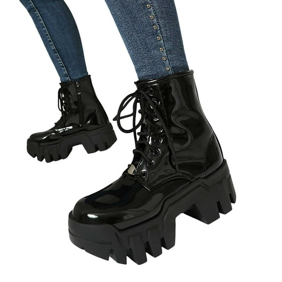 Women's Platform Chunky Combat Boots Punk Leather Thick Soles Lace up Mid Calf Riding Walking Short Boots