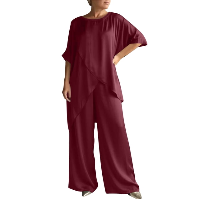 RKSTN Ensembles Deux Pièces pour Femmes en Lin Flammé à Manches Courtes Col Ras du Cou Ourlet Asymétrique Ensembles Assortis Vêtements pour Femmes