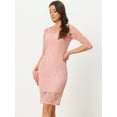 thumbnail image 4 of DARING DIVA Lace 3/4 Sleeve Dress Square Neck Midi Straight Tired L Pink, 4 of 6