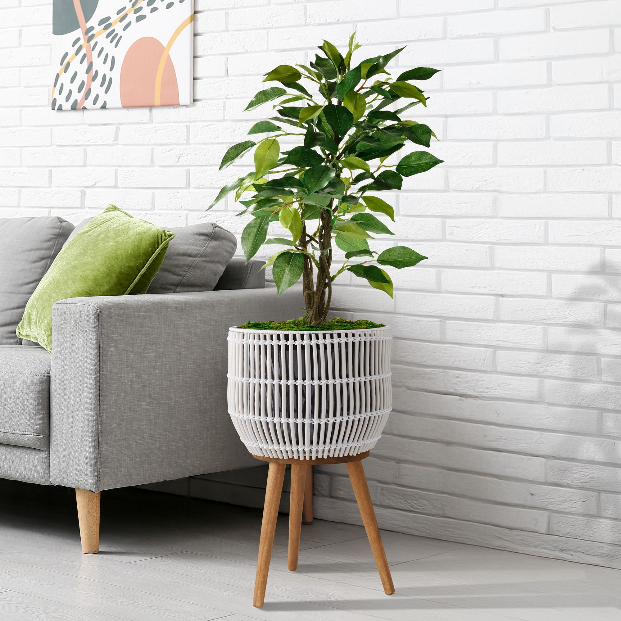 Casafield Floor Planter with Wood Legs in White, Planter Basket with Stand, Large Plant Pot Cover with Liner