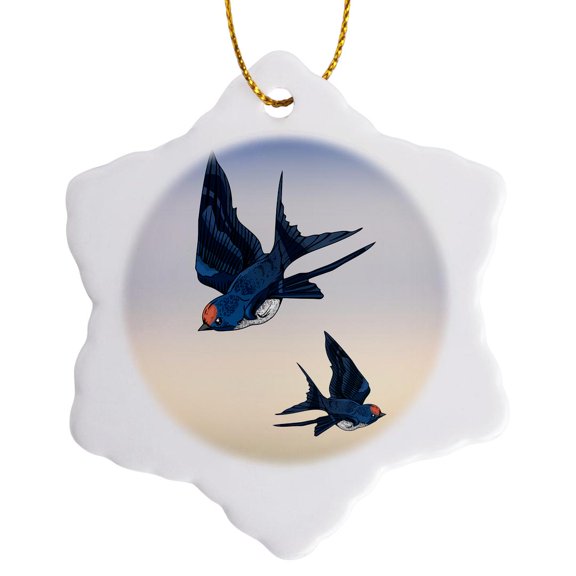 3drose, Swallows, 3 inch Snowflake Porcelain Ornament