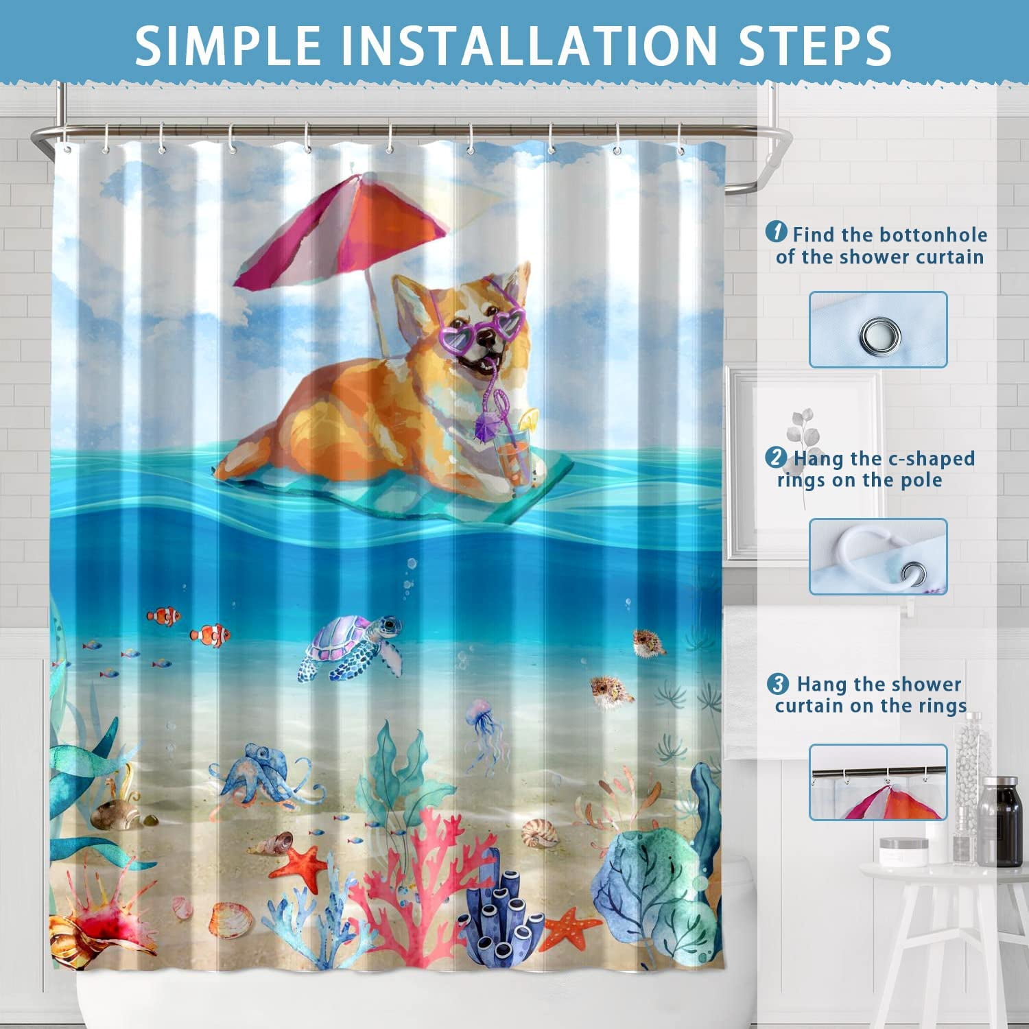 Funny Dog Shower Curtain Corgi Riding Shark Ocean Sea Nautical Fun Animal  Boys Cute Blue Bathroom Decor with Hooks 47X70 Inch