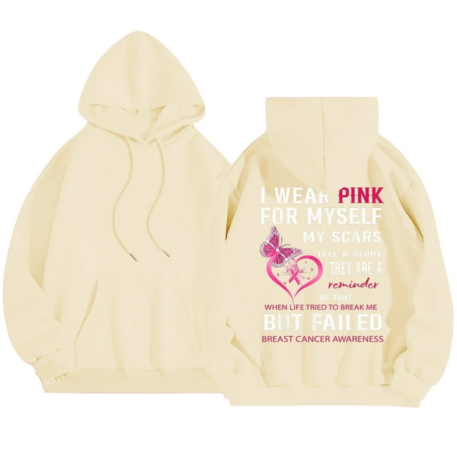 Cancer Awareness Ladies Long Sleeve Letter Print Hooded Pullover Sweatshirt for Everyday Comfort Support
