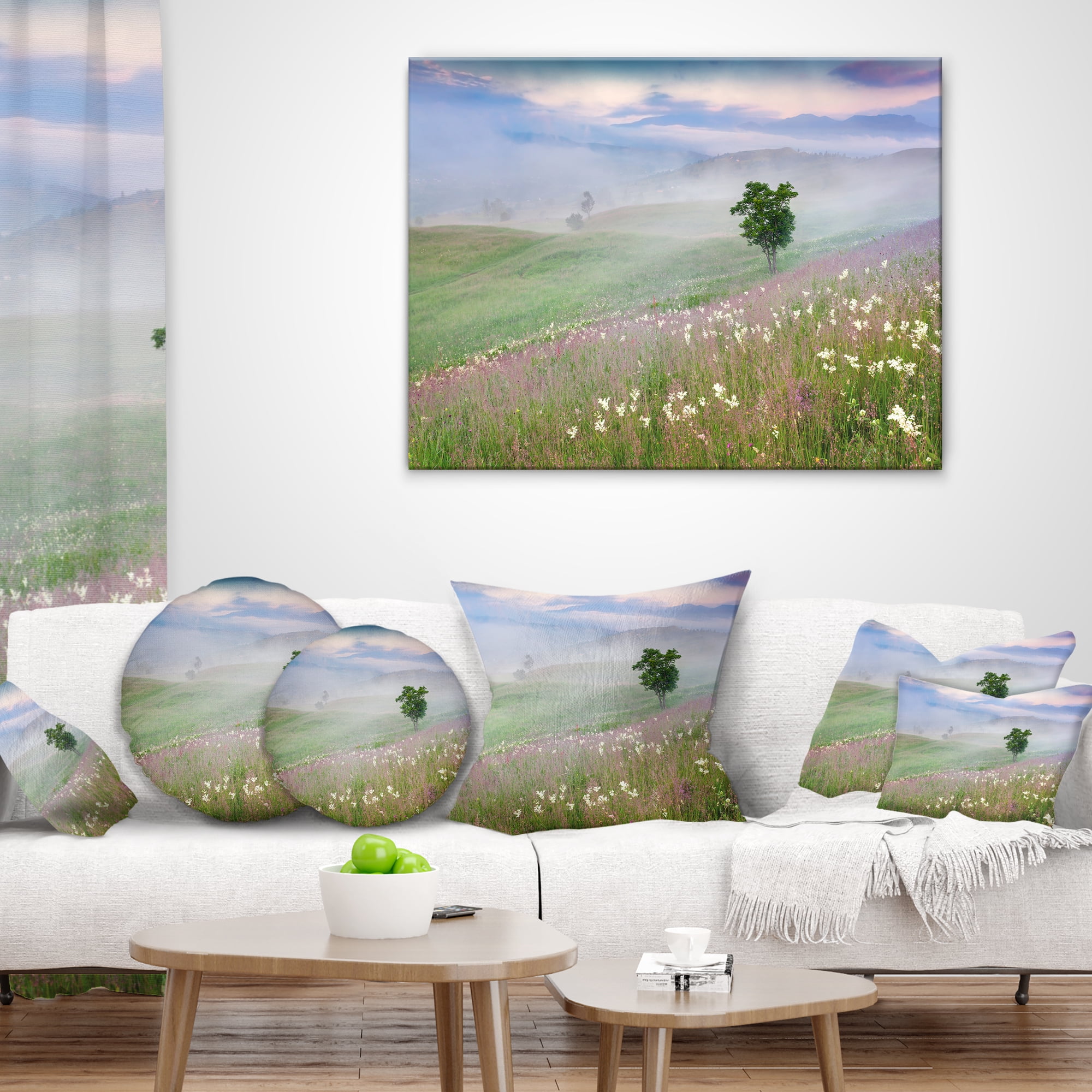 Designart Foggy Summer Morning in Mountains - Landscape Printed Throw Pillow - 12x20