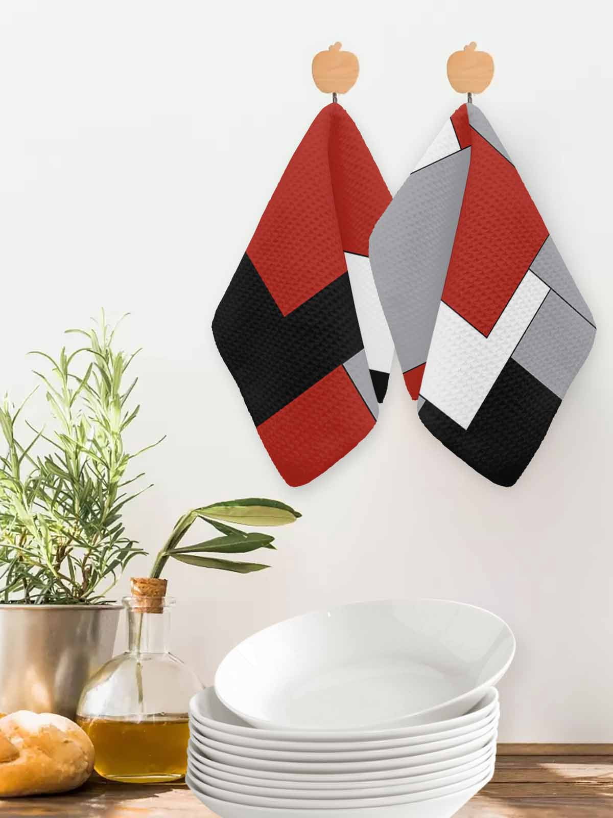 Red Grey Black Geometric Dish Towels Set,Waffle Weave Kitchen Towels 3Pcs, Middle Century Modern Art Abstract Microfiber Hair Face Bath Tea Towel Absorbent Quick Drying Cleaning Dish Cloths 12"x12"