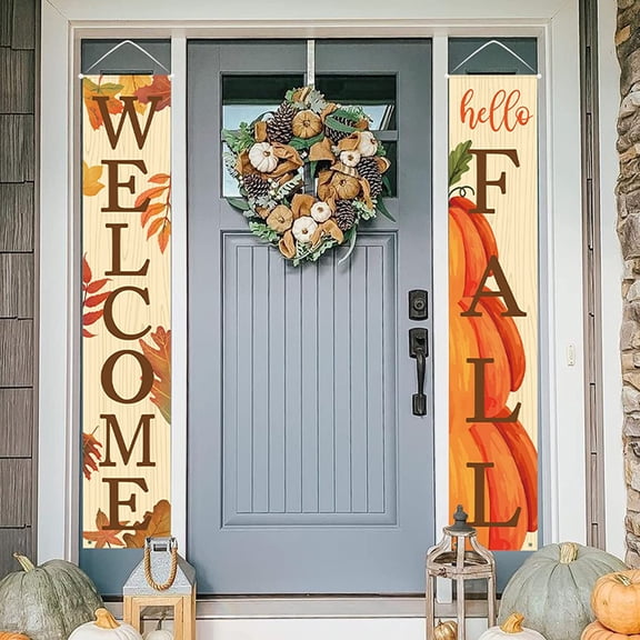 Fall Welcome Porch Banner Set, 2 Pack WELCOME FALL Hanging Vertical Sign, Autumn Front Door Decor, Thanksgiving Harvest Decorations for Home