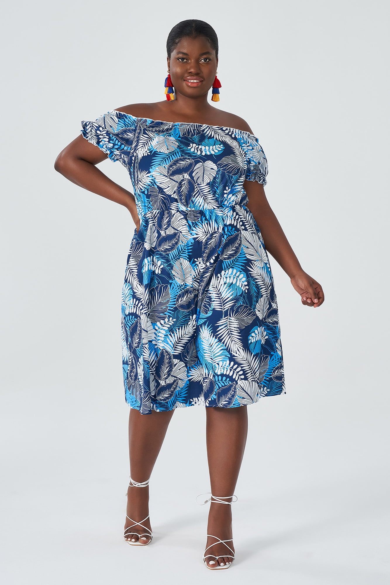 Plys dukke kalk ankomme Plushe Plus Size Blue Leafy Off Shoulder Ruffle Midi Dress for Women -  Walmart.com