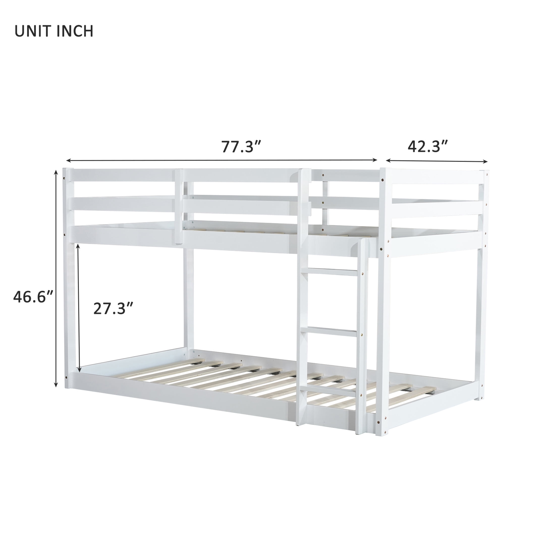 Noble House Alina Twin Over Twin Floor Bunk Bed with Ladder, Solid Rubber Wood Frame with Strengthened Slats, White