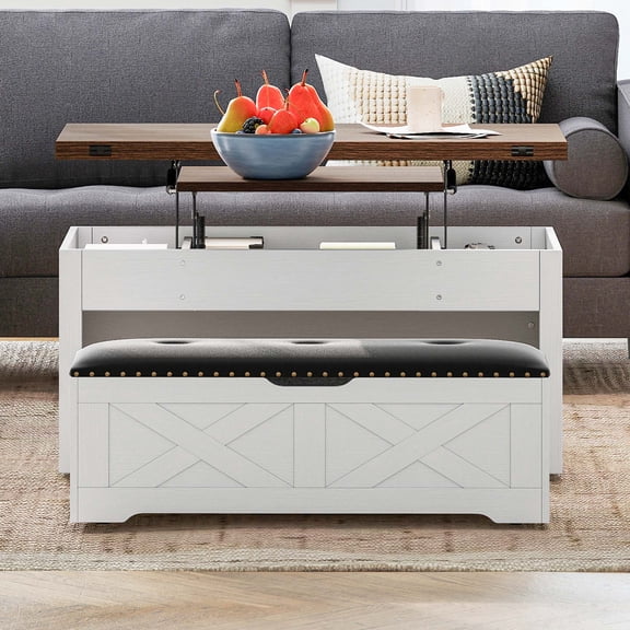 Craftian Farmhouse Lift Top Center Table with Rolling Storage Bench, Wood Coffee Table, White