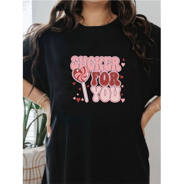 Camiseta Para Mujer Verano Suave Camiseta Con Cuello Redondo Para Mujer Para Caminar Por La CalleWomen's "Heart Sucker for You" Valentine's Day Tee - Casual & Sporty, Breathable 100%, Short Sleeve,C