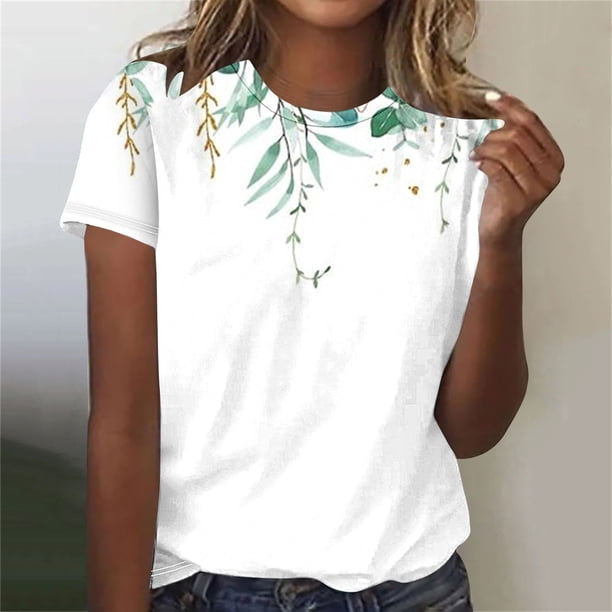 Fiudx Ropa de Mujer Camiseta de Manga Corta con Cuello Redondo y Estampado Retro para Mujer