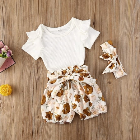 

Newborn Baby Girls Summer Top Dress Button T-Shirt Floral Print Shorts 3pcs Clothes Set