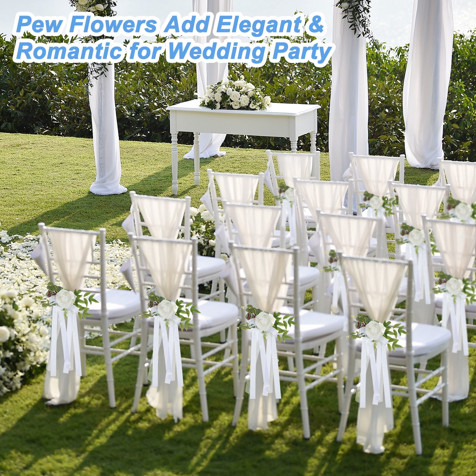 Wedding Aisle Decorations Pew Flowers for Wedding Ceremony Chair Floral Decoration Artificial Flowers, White 6 Pack