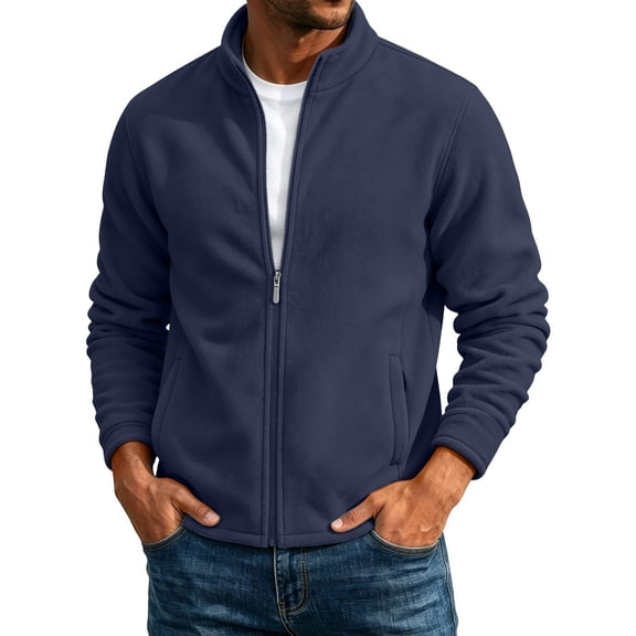 QIYAGBSA Polar Fleece Jackets for Men Full Zip Stand Collar Solid Long Sleeve No Hood with Side Pockets Fall Winter Warm Casual Outdoor