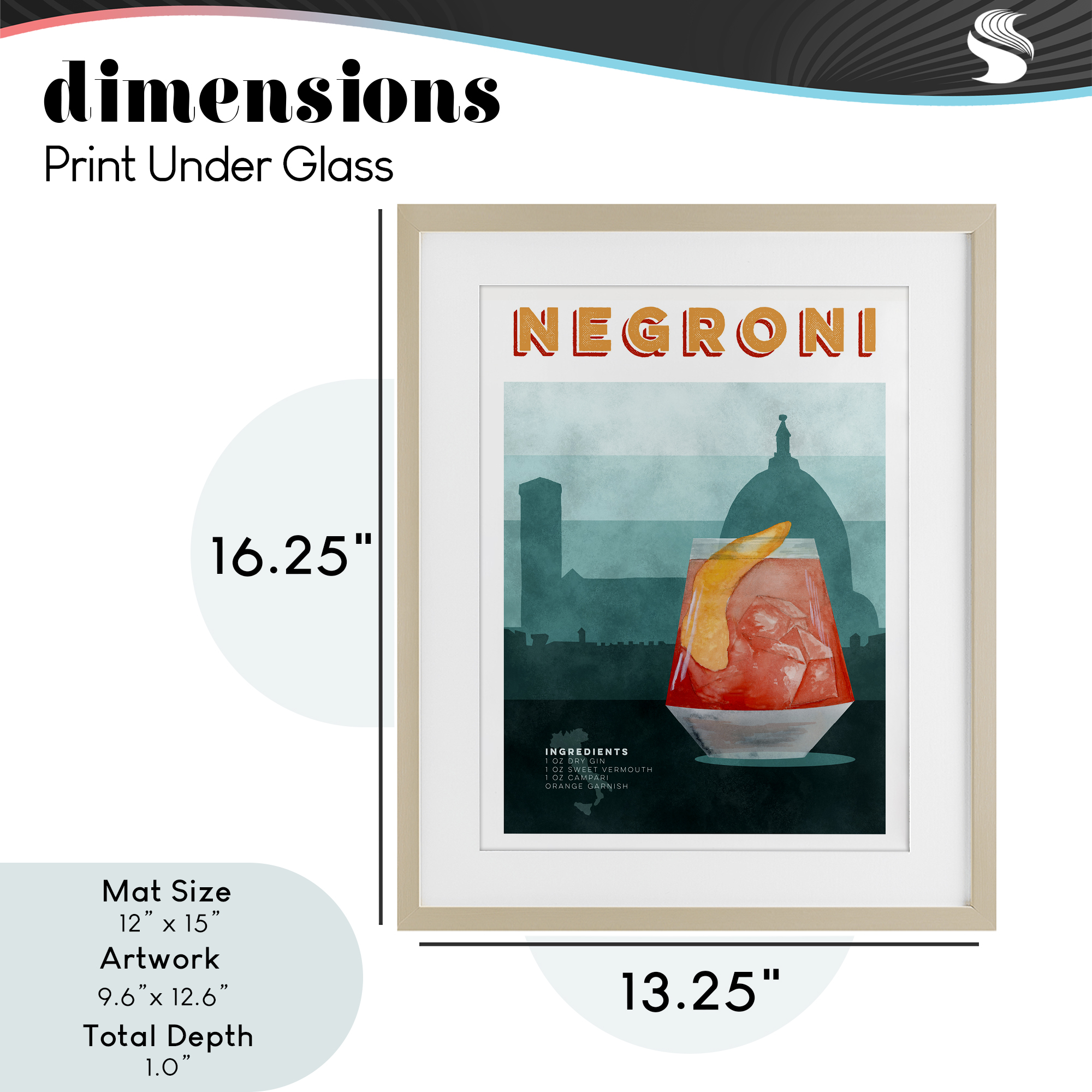 Retro Negroni & Architecture Birch Framed Print Under Glass, design by Brett Blumenthal