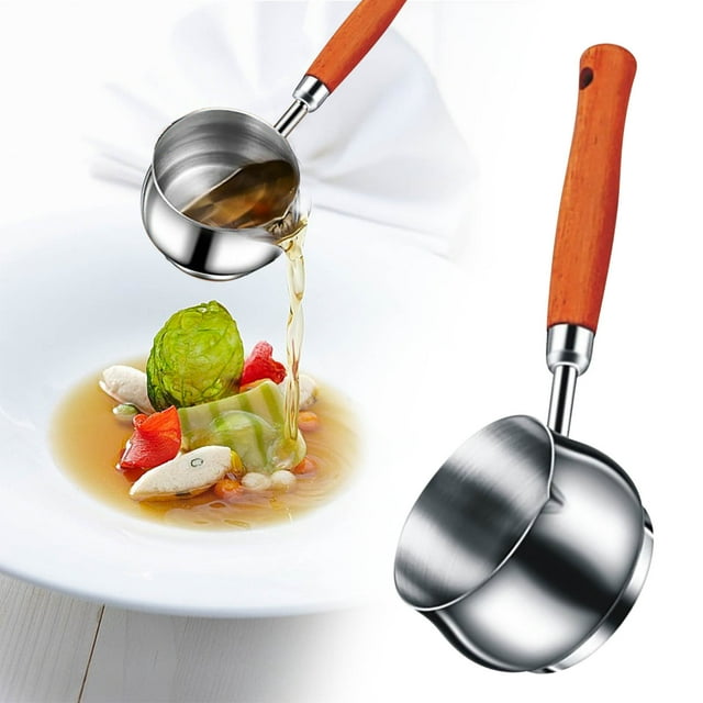 Olla de acero inoxidable 304 para verter aceite con mango de madera - Cucharón de cocina para freír y saltear - Cuchara llovizna duradera, resistente a la oxidación, fácil de limpiar - Una sola pieza