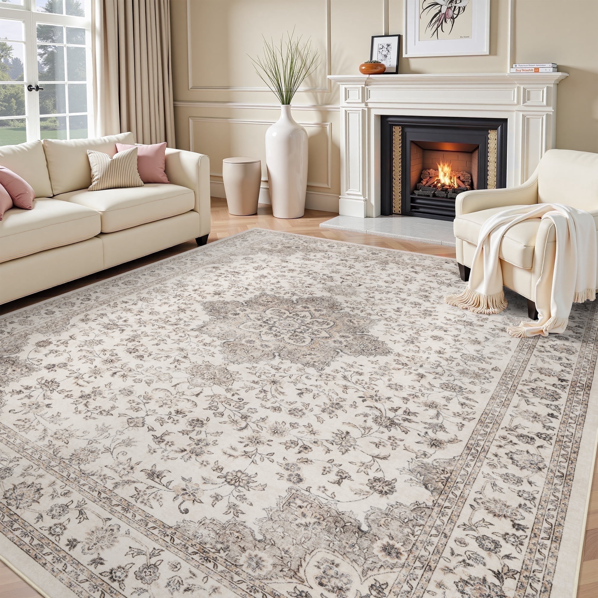 SIXHOME 8x10 Feet Washable Non-Slip Area Rug - Traditional Distressed Vintage Brown Rug with Retro Floral Design, Ultra-Soft Indoor Carpet for Living Room, Bedroom, Dining Room