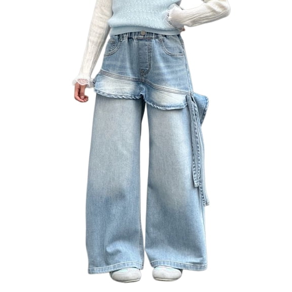 Otqutp Girls Kids Ruffled Hem Cute Baggy Denim Jeans Teen Wide Leg Husky Denim Pants Y2k Elastic Waist Clothes Hip Hop Streetwear